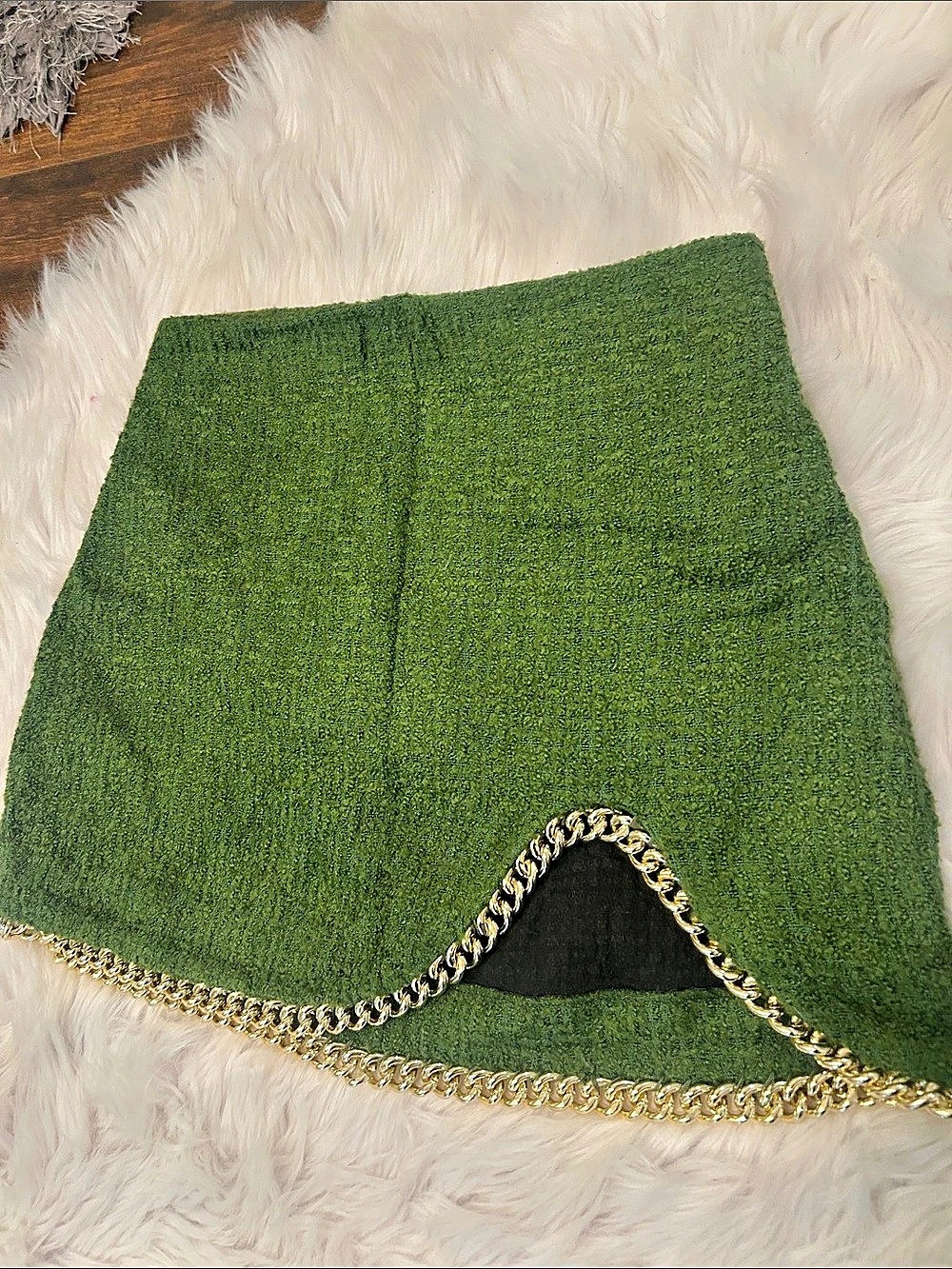 Zara Green Tweed Gold Chain Trim Mini Skirt Size Medium